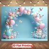 2D Flat Print Pastel Blue Balloon Butterfly Backdrop, Spring Floral Party Decoration Background for Photo Studio