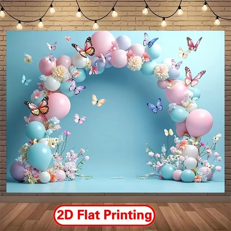 2D Flat Print Pastel Blue Balloon Butterfly Backdrop, Spring Floral Party Decoration Background for Photo Studio