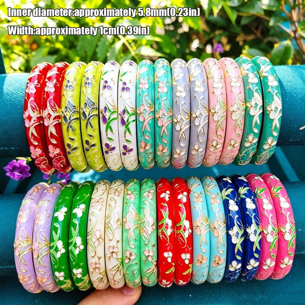 Floral Pattern Cloisonne Bangle Extra Width Enamel Bracelet Jewelry Gift for Women