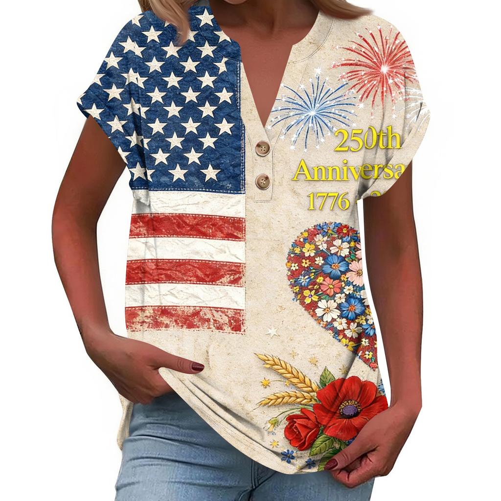 Women's Fashionable Casual Loose-Fit Short-Sleeved Button-Up V-Neck Printed T-Shirt Top