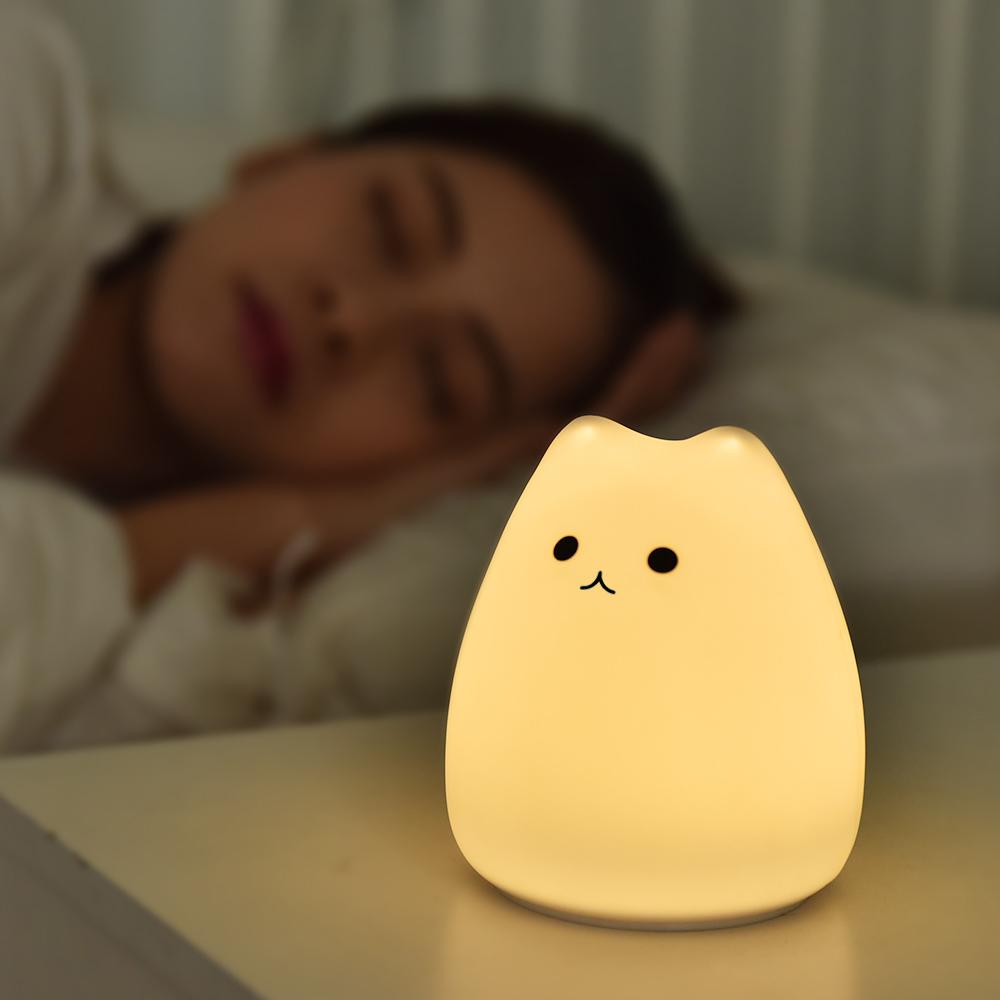 1PC Luz Noturna de Gato Fofo Para Bebê Crianças Desenho Animado 7 Cores Lâmpada de Dormir de Silicone Sensor de Toque Lâmpada de Mesa Para Decoração de Casa Quarto