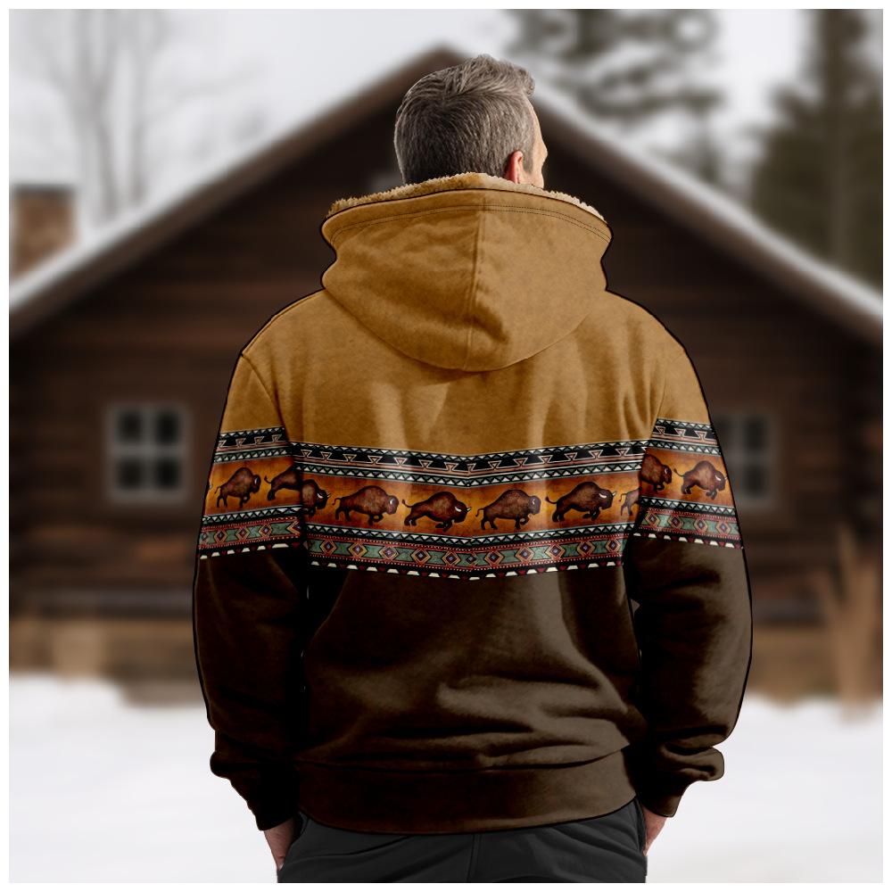 Vintage Winter Jackets Men Bison Print Design Motorcycle Jacket Casual Long Sleeve Coats Versatile Hooded Sweatshirts