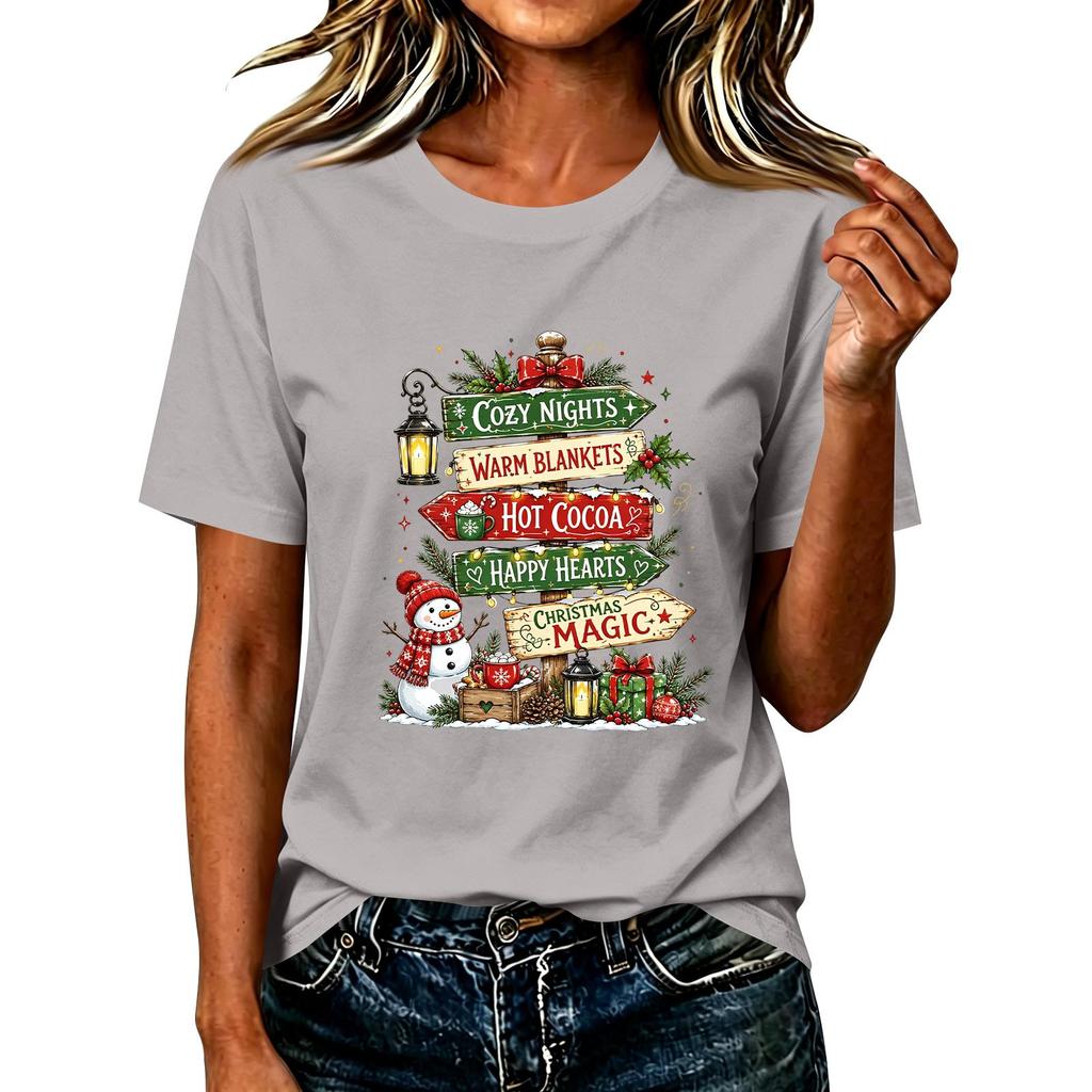 T-shirt da donna a maniche corte con stampa natalizia, top casual per le feste
