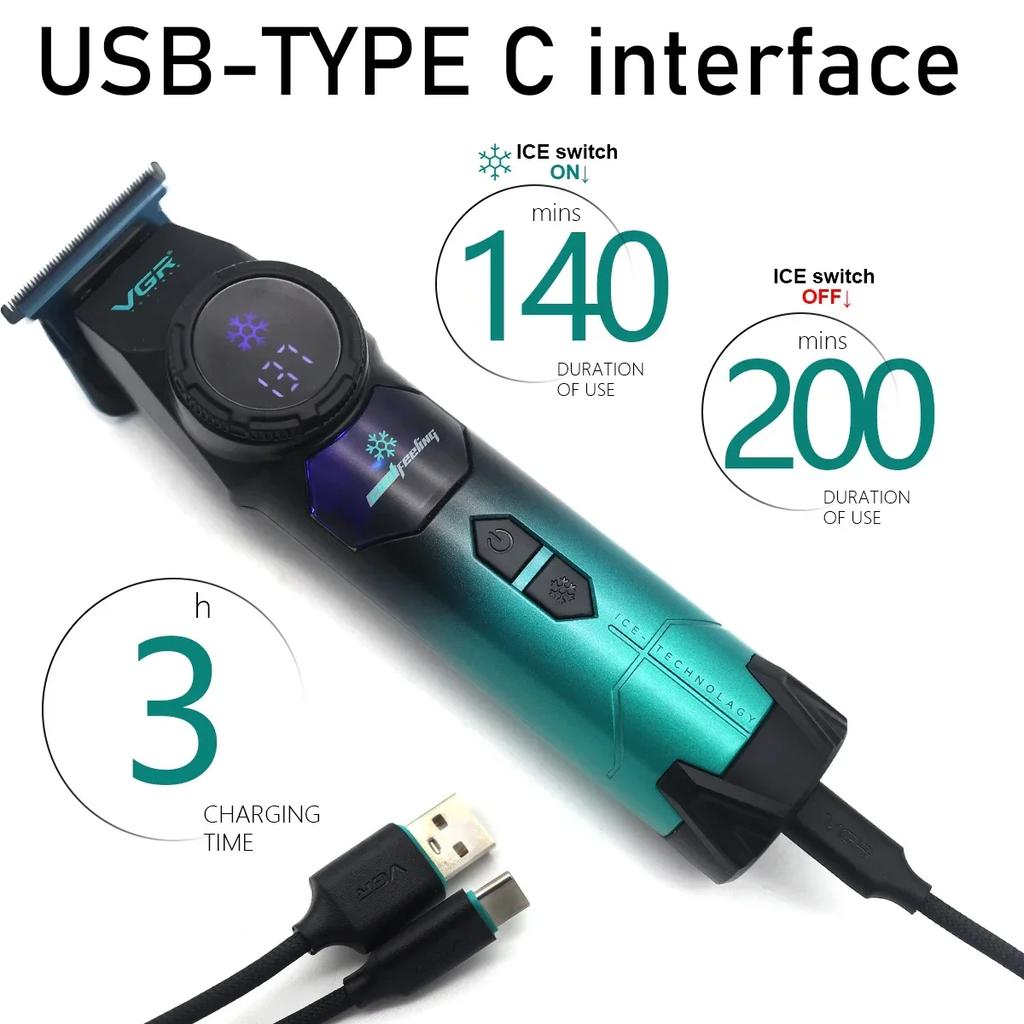 VGR Ice Technology Brushless Motor 8000RPM Metal Body Professional Hair Trimmer for Barber Haircut Machine Oil Head Clipper V-946 with LCD Display
