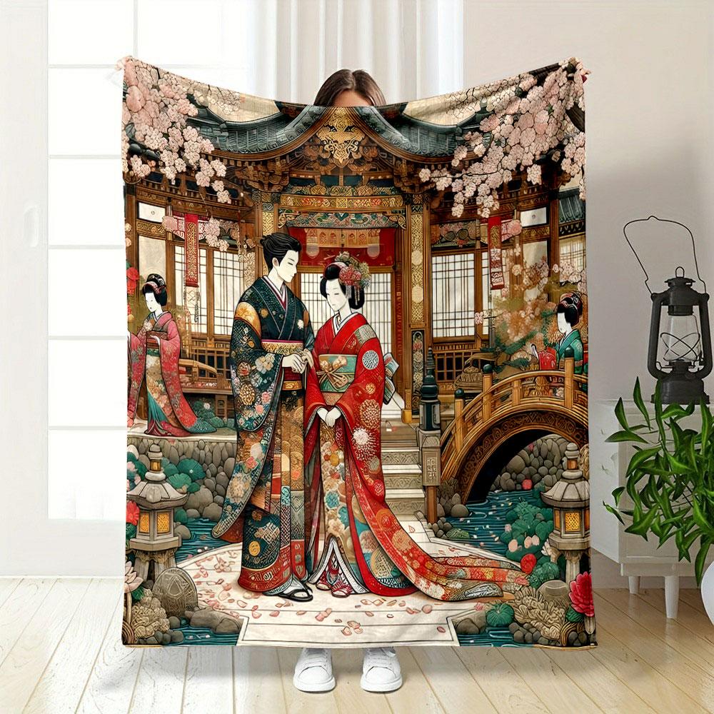 Japanese Kimono Couple in Cherry Blossom Garden print blanket soft and cozy perfect for the living room bed sofa or a nap,gift