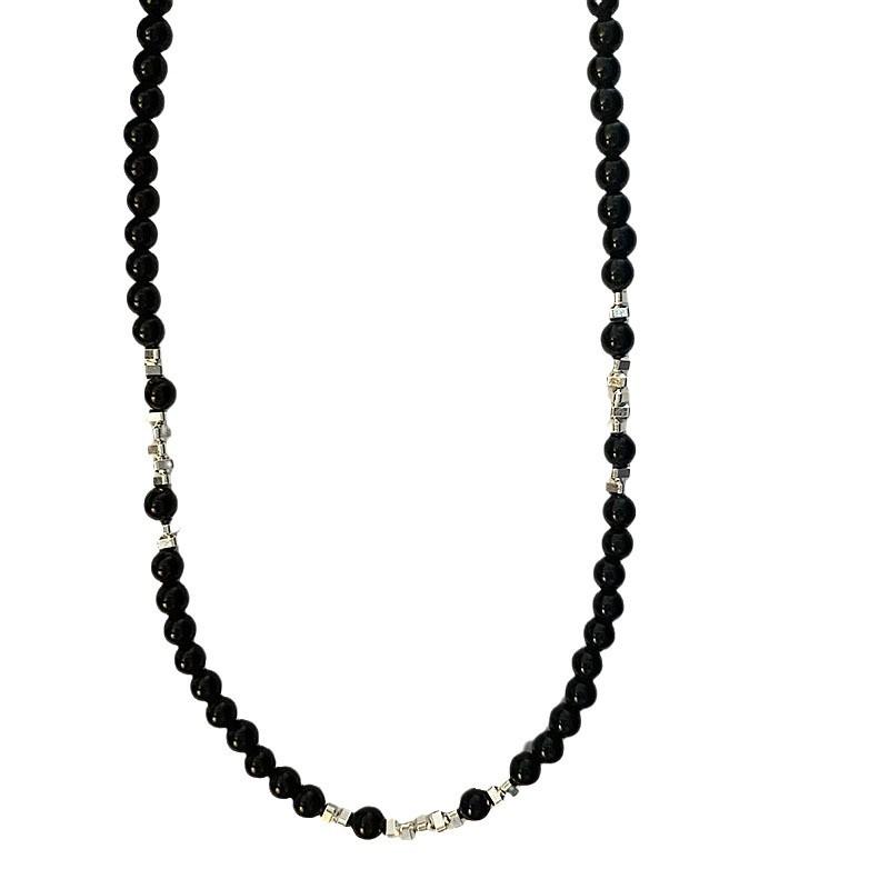 Collana Clavicolare da Donna in Acciaio Titanio con Perline di Agata Nera Retro Gioielli