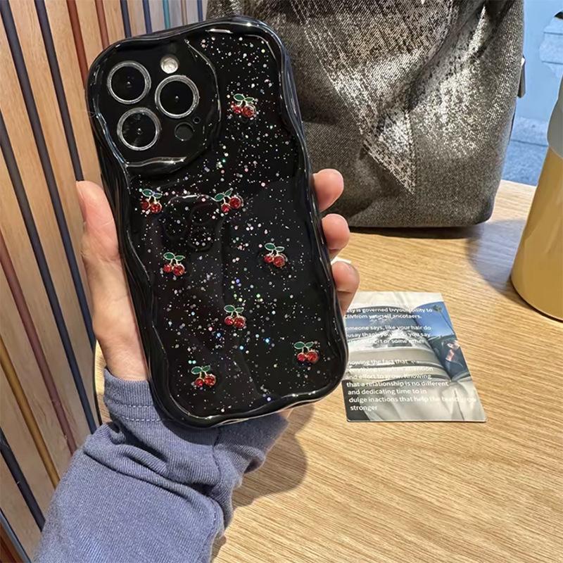 

Red Cherry Glitter Drop Glue Mobile Phone Case For Iphone 17 Wind Apple 16 Pearl Chain All-Inclusive Fine Hole iPhone 17Promax