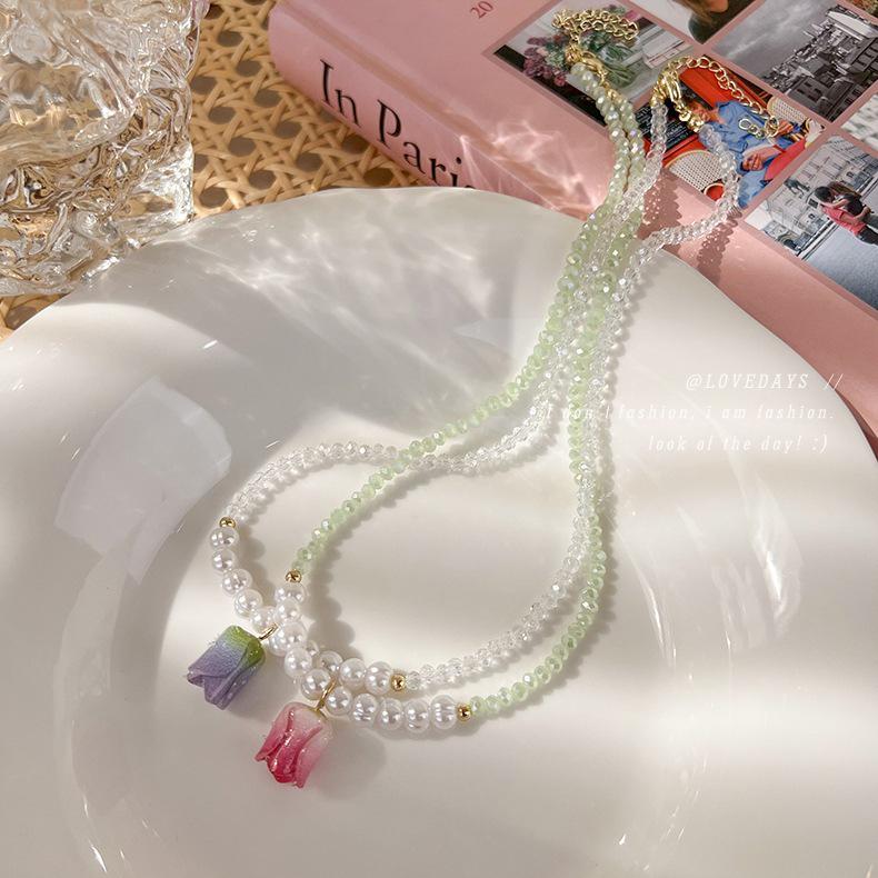 Elegant Tulip Pearl Crystal Necklace: Spring/Summer Style Clavicle Chain for Women