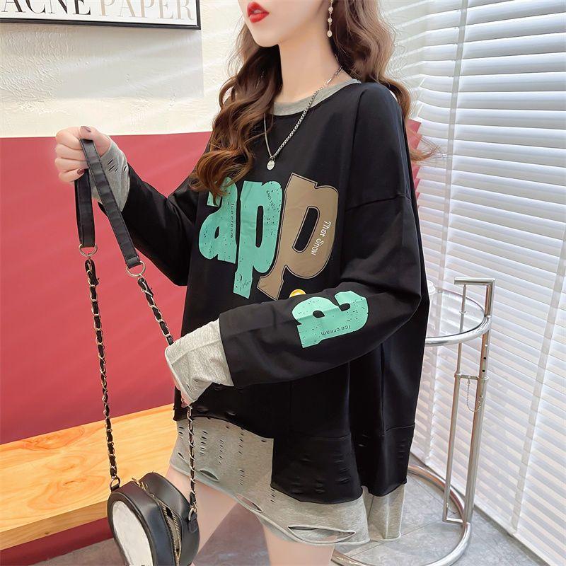 Spring Autumn Women Loose Casual Hoodie Korean Style Fake Two Piece Plus Size Oversized Patchwork Tops Ripped Sweatshirts