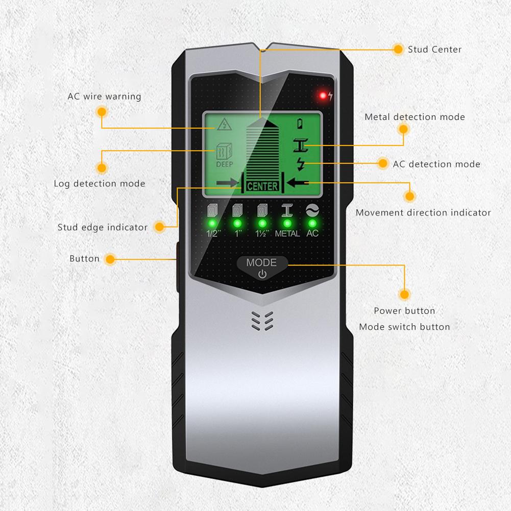5 In 1 Digital Metal Detector LCD Screen Stud Center Finder Multifunction Wall Beam Scanner for Metal Nonmetal AC Wire Finding