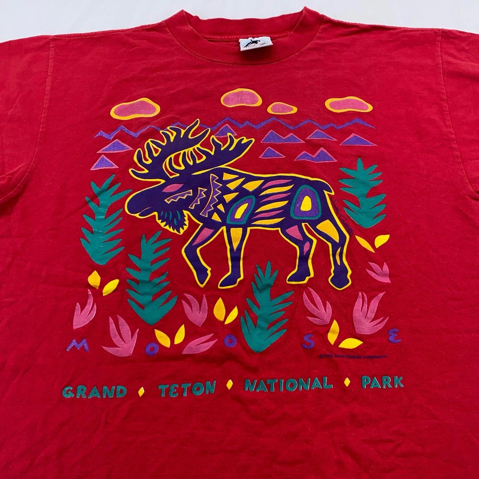 vintage 90s GRAND TETON NATIONAL PARK ART T-Shirt MEDIUM wyoming moose nature 4XL