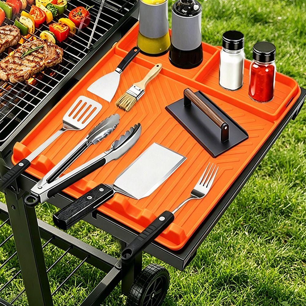 Silicone Mat Grill Tool Tray Raised Lip Grill Buddy Mat Reusable Grill Mat BBQ Tool Storage