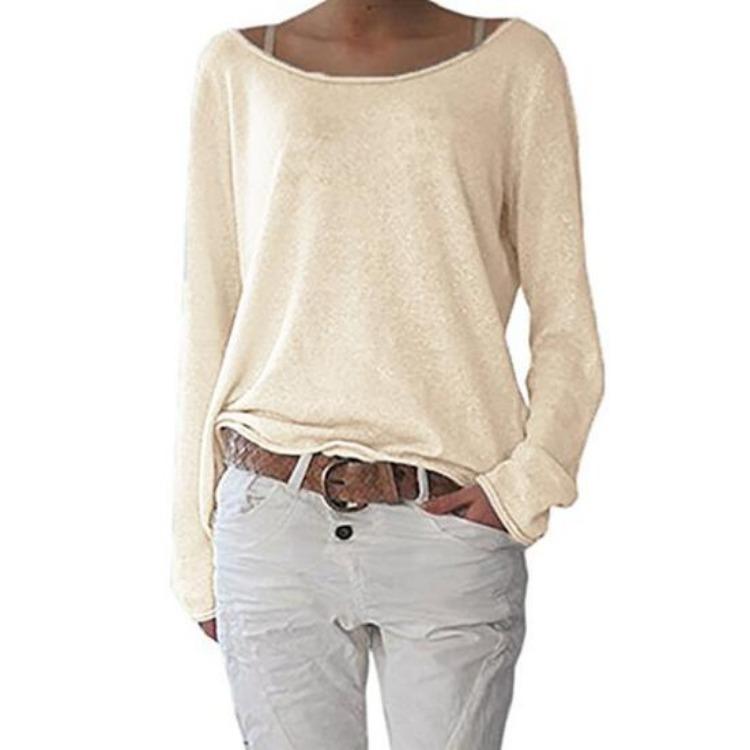 

Women Knitted T-shirt Solid Color Casual Long Sleeve Round Neck Bottoming Top S абрикосовый