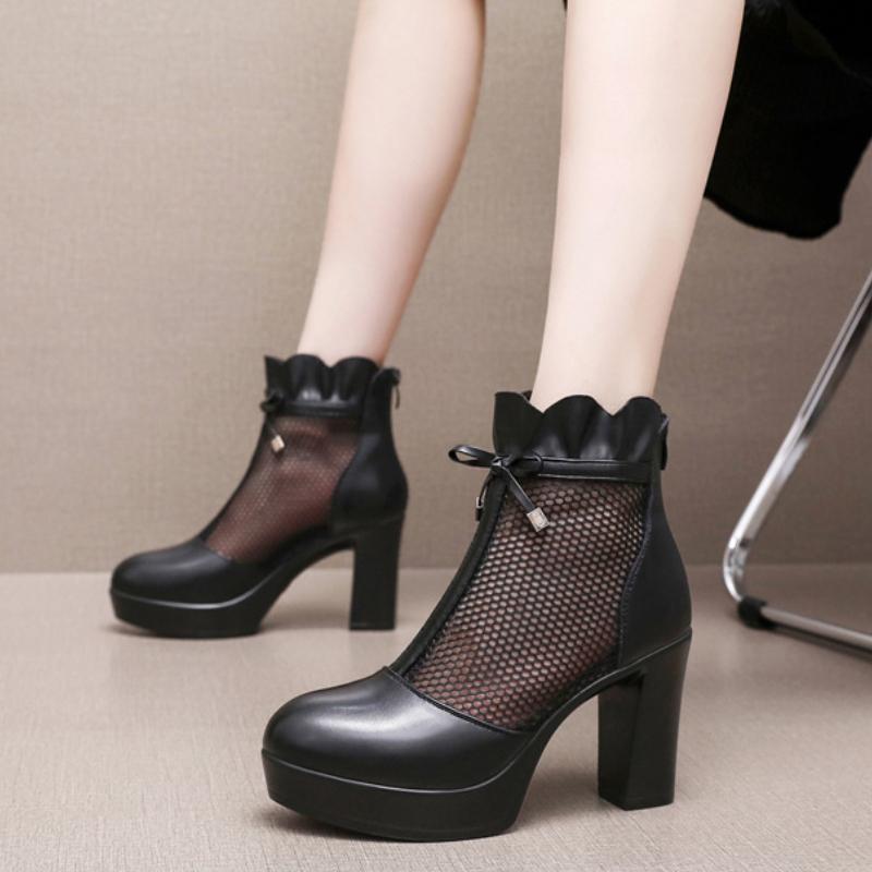 Ladies Fashion Solid Color Leather Back Zipper Pointed Toe Thin High Heel Booties Wide Width Womens Boot  De Mujer