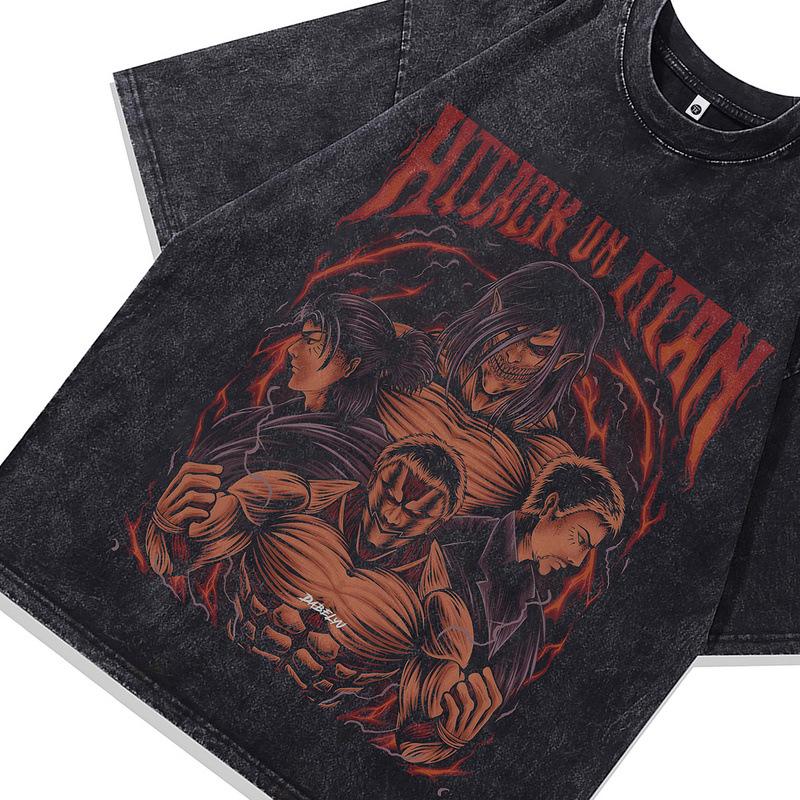 Summer New Japanese Street Retro Cartoon Direct Injection Printing Washed Loose Cotton Short-Sleeved T-Shirt For Men And Women