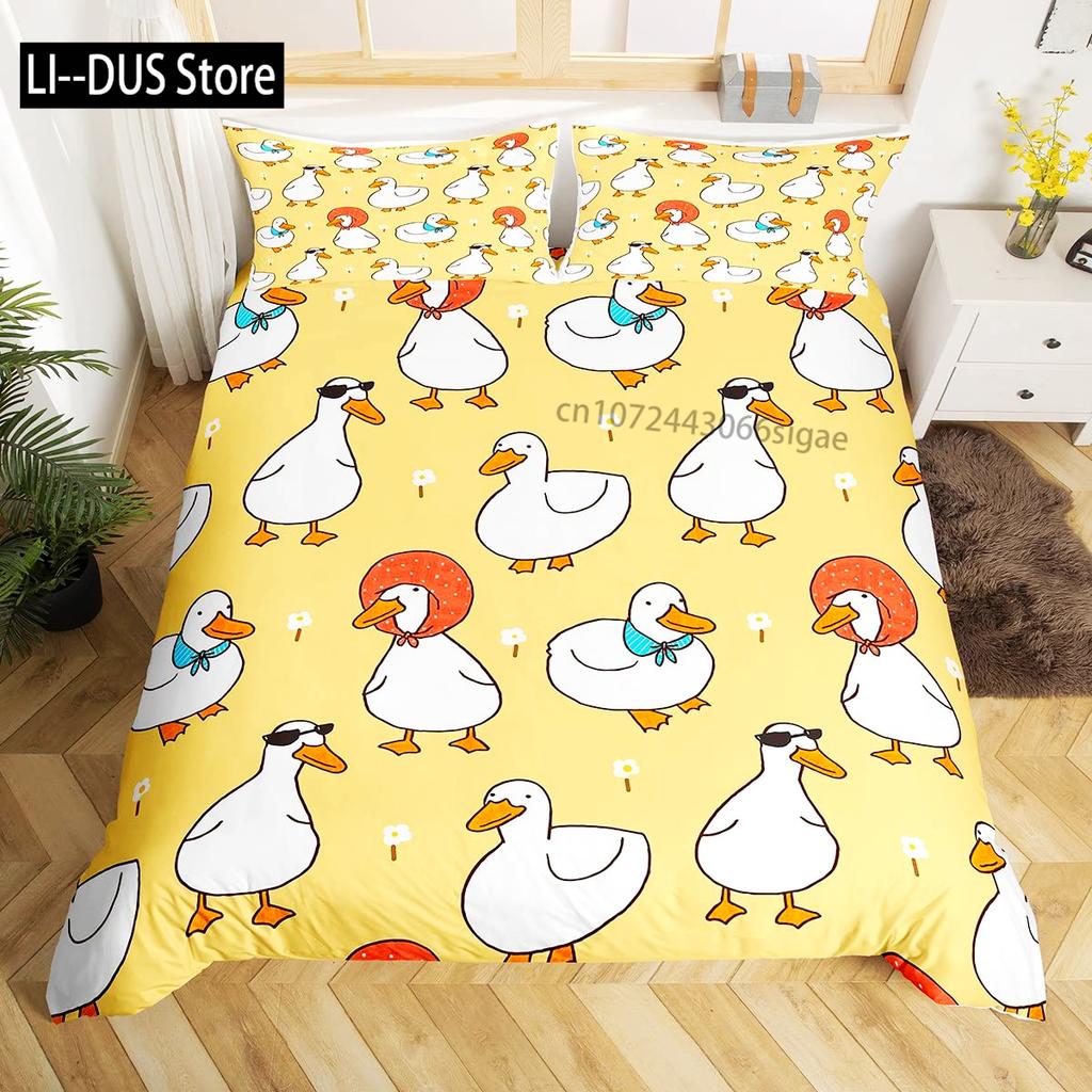 Housse de couette canard de dessin animé pour enfants garçons filles Kawaii canard avec couronne fleurs ensemble de literie housse de couette animal avec 2 taies d'oreiller