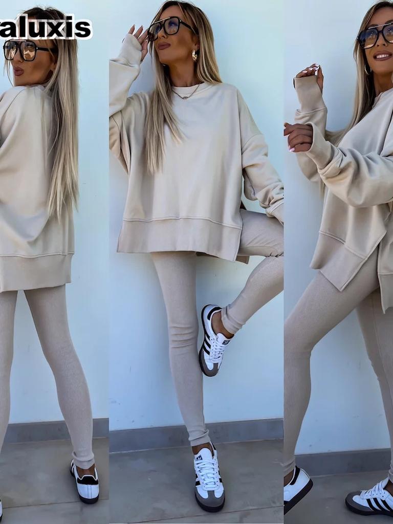 New Spring Outwear Women's Fashion Loose Fit Leggings Set with Oversized Sweatshirt Two Piece Outfit