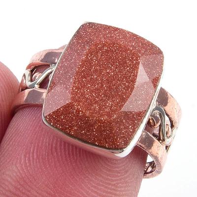 Natürlicher Sonnenstein Edelstein Handgefertigt 925 Sterlingsilber Zweifarbig Ring Größe 7 a2p09