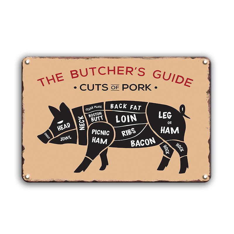 INEED Antikes „The Butcher's Guide“-Blechschild im Vintage-Stil, Tier-Küchen- und Marktdekor, Blechschild, Kunstposter, Metallplatte, Wanddekoration