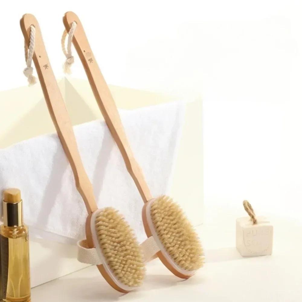 Spazzola per doccia con setole naturali e manico lungo in legno staccabile, esfoliante per pelle secca, per massaggio corpo e bagno