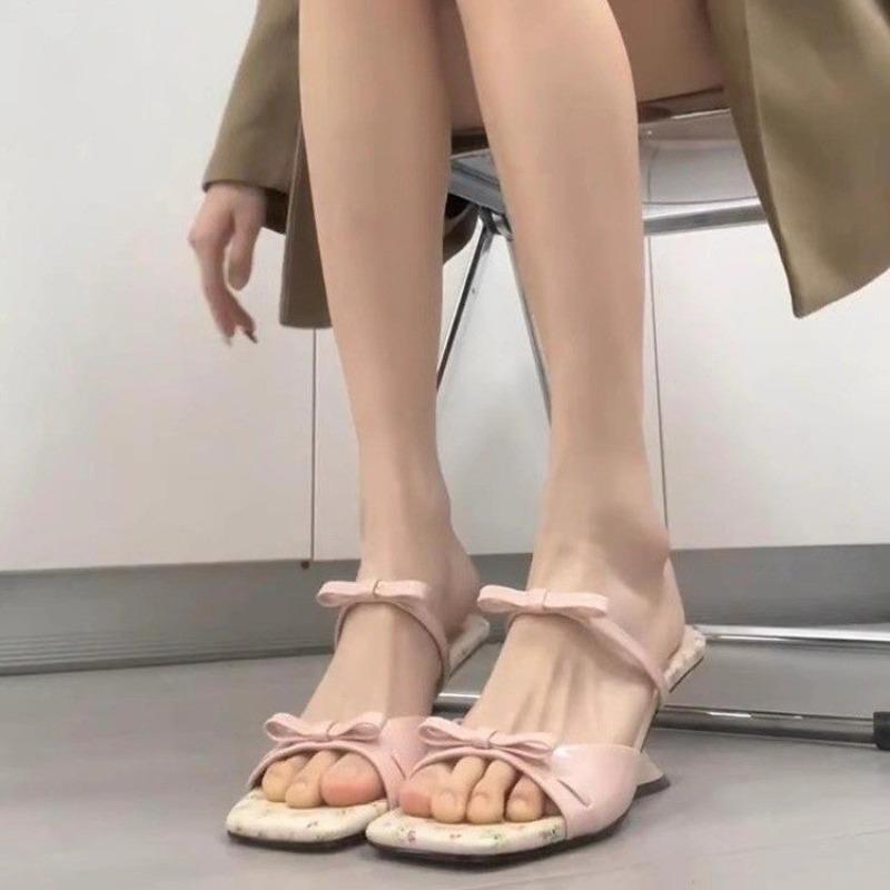 Fashion Bow High Heels Slippers Women Heeled Sandals Square Toe Shoes Summer 2025 Trend Elegant Open Toe Dress Woman Designer