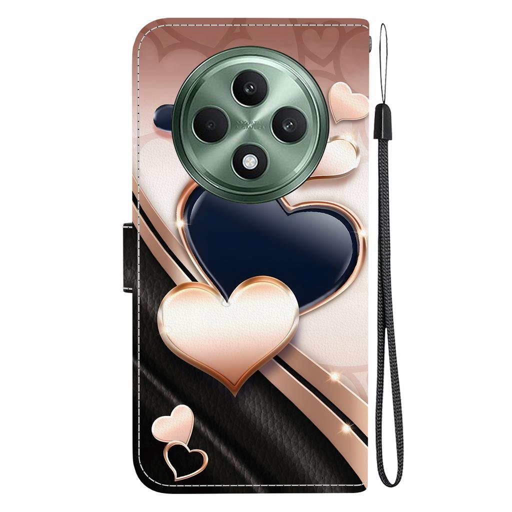 Ręcznie robione etui z klapką z PU skóry dla Oppo Reno12 F (5G/CPH2637) Antypoślizgowe Wstrząsoodporne Etui z Paskiem na Nadgarstek i Wzorami Kota/Róży/Serca