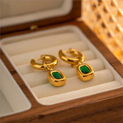 Orecchini a Cerchio Pendenti in Acciaio Inossidabile con Zircone Verde per Donna Vintage Lusso Orecchini Rotondi Accessorio Gioiello