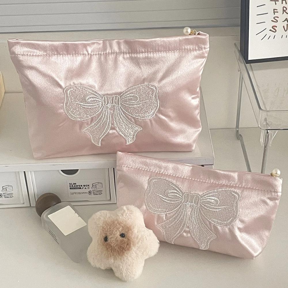Luxury Pink Bow Makeup Bag Handbag Bow Embroidery Toiletry Storage Pouch Pearl Zipper Make Up Organizer Bag Ladies