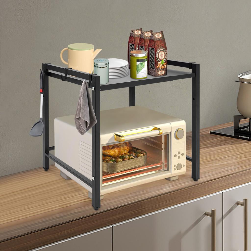 Bymaocar 2 Tiers Adjustable Microwave Stand Black Extendable Oven Shelf Wear-resistant Kitchen Countertop Organizer with Hooks