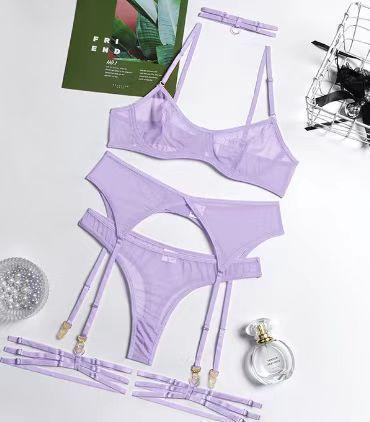 Sexy erotic underwear solid color ultra-thin mesh yarn perspective temptation big chest small thong five-piece set