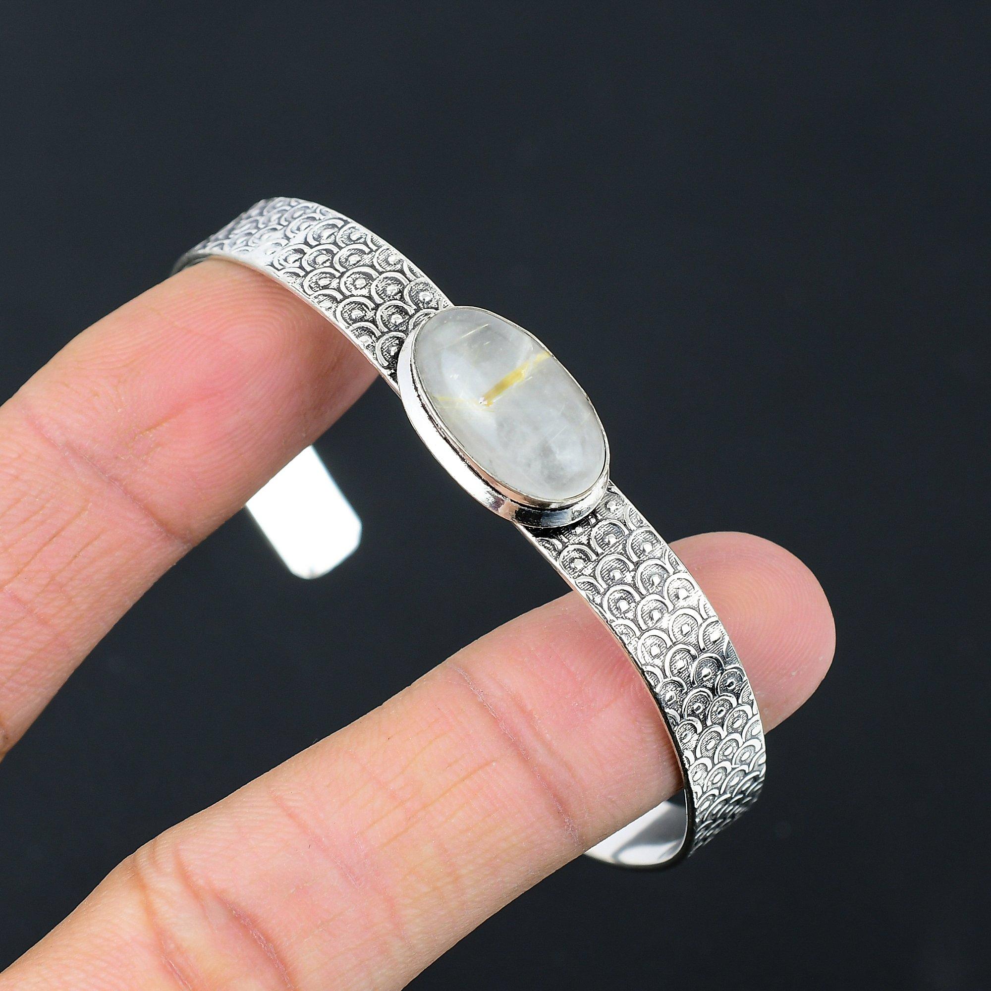 

Sterling Silver Oval Golden Rutile Gemstone Boho Wedding Handmade Mother Bangle Adjustable