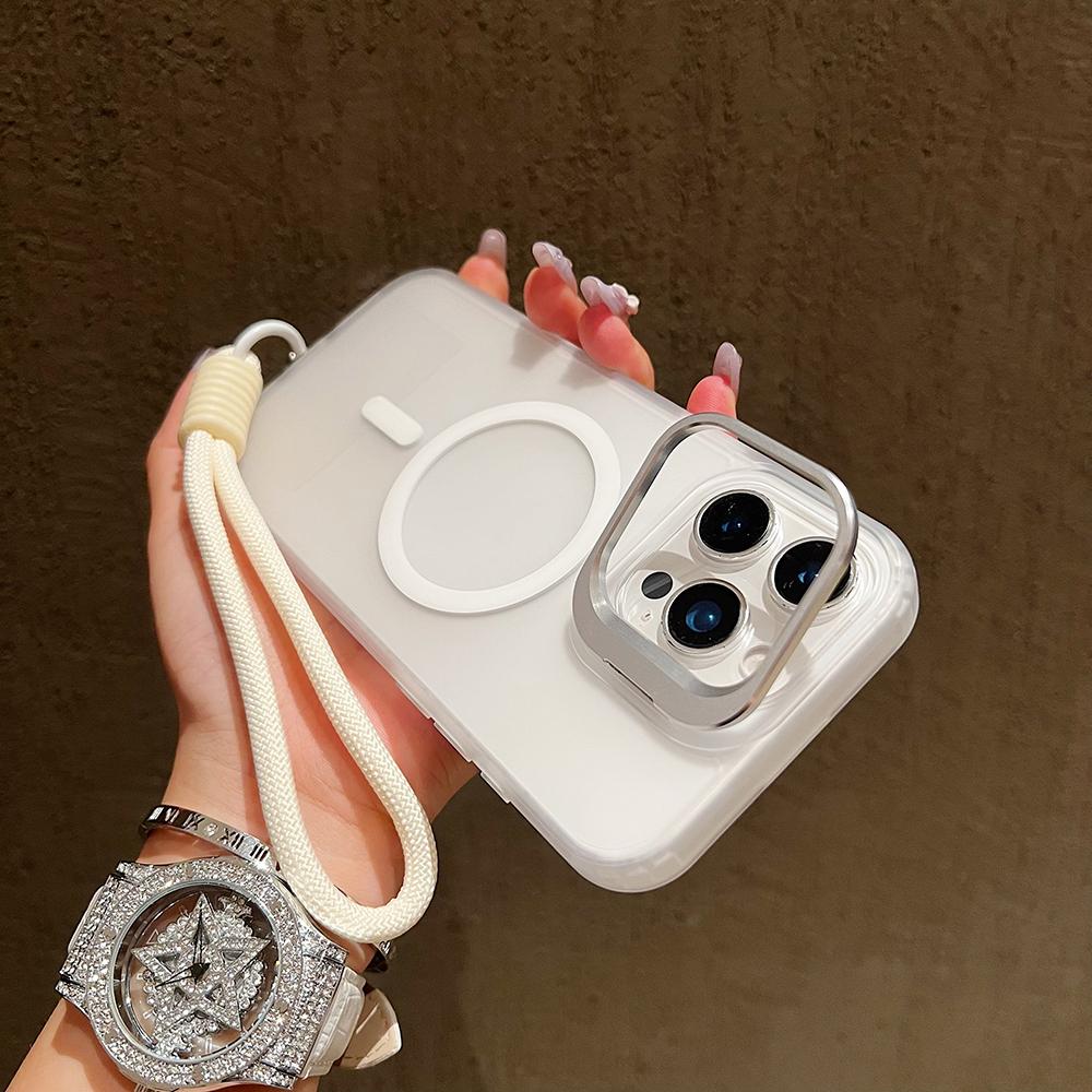 

Metal Camera Bracket Protector Phone Cases For iPhone 16 17 Pro Max 15 14 Plus 13 12 Mini For Magsafe Magnetic Wrist Strap Cover iPhone 13