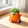 Cute Smiling Orange Succulents Planter, Realistic Orange Shaped Pot with Wooden Base, Kawaii Desktop Decor for Office Desk, Indoor Small Plant Pot