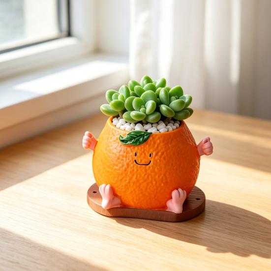 Cute Smiling Orange Succulents Planter, Realistic Orange Shaped Pot with Wooden Base, Kawaii Desktop Decor for Office Desk, Indoor Small Plant Pot