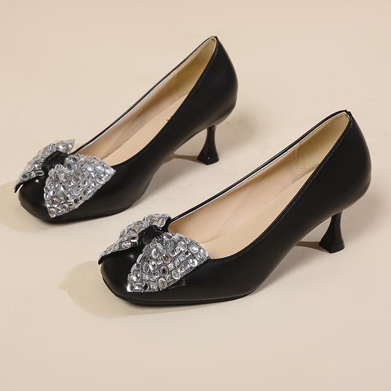 

Women s Thin Heel Single Shoes Autumn New Round Head Shallow Mouth Diamond Butterfly Knot Low Top Shoes 39 чёрный