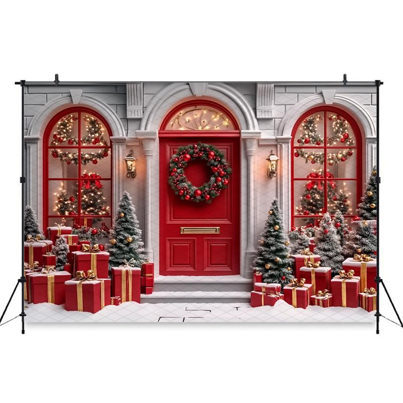 Mocsicka Christmas Photography Backgrounds Xmas Tree Decor Family Festival Party Photo Backdrops Winter Snow Door Pattern Banner