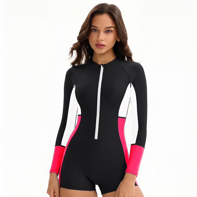 Long Sleeve Color Block Swimsuit Women's Conservative Sunscreen Surfsuit Boxer Tight Swimsuit