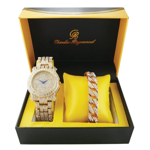 Bling-ed Out Round Luxury Men's Watch with Bling-ed Out Cuban Bracelet - L0504B - Gold/Gold