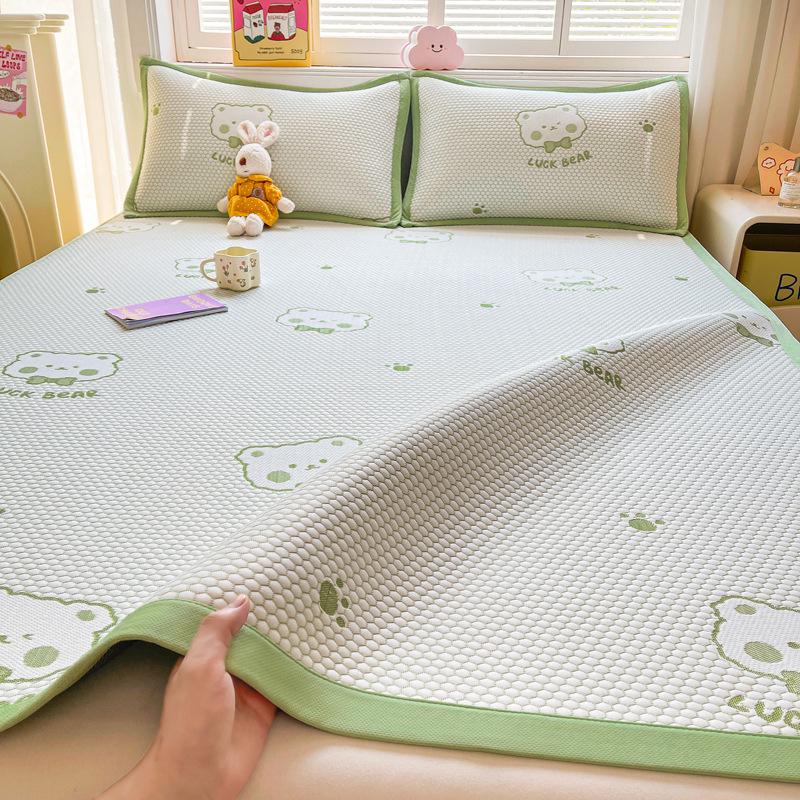 Summer Nude Ice Silk Cooling Mat Set: 3-Piece, Soft, Machine-Washable, A-Class Fitted Sheet