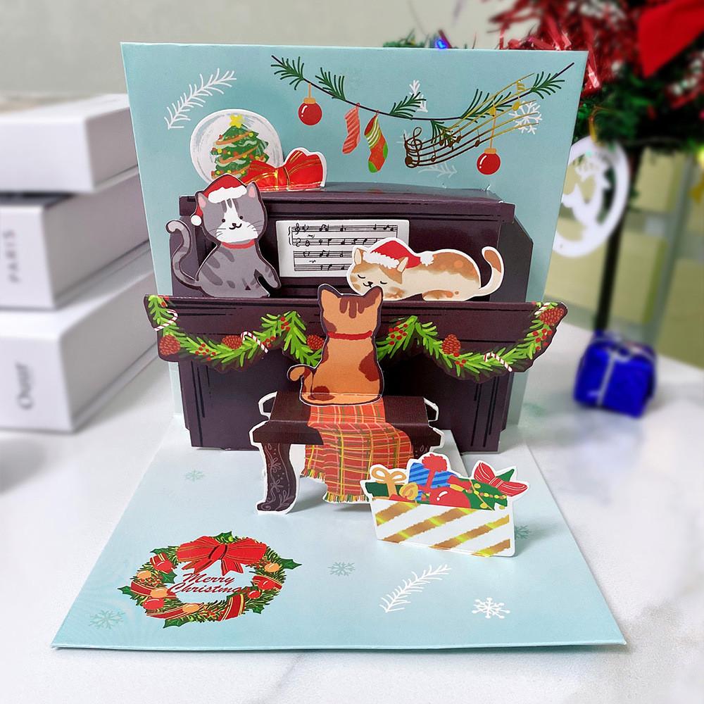 Christmas 3d Cat Piano Greeting Card With Handwritten Message For Women Gift
