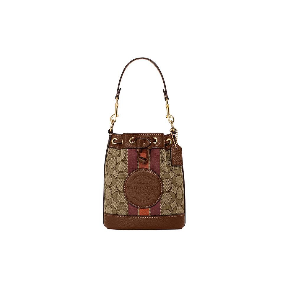 Coach Mini Dempsey Bucket Bag Signature Jacquard Khaki Saddle Brown Gold Hardware C8322-IMVGB Basic Set (Bag+Dust Bag)