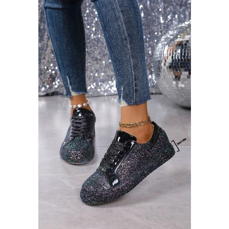 2025 Spring New Arrival Plus Size Lace-Up Women's Shoes Sequin-Embellished Round-Toe Casual Flats