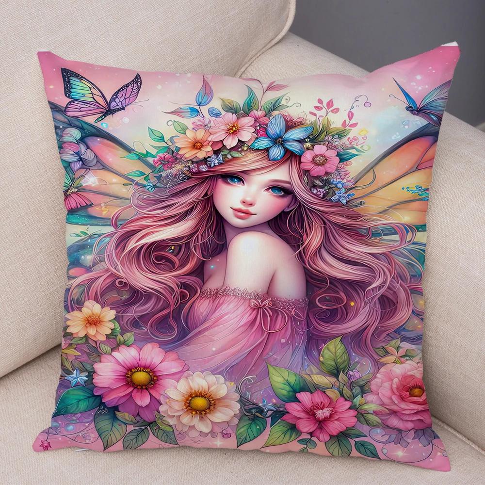 Niedlicher Cartoon Waldmädchen Elfen Kissenbezug Doppelseitig bedruckter Kissenbezug Deko für Sofa Zuhause Superweicher Plüsch Kissenbezug 40x40cm