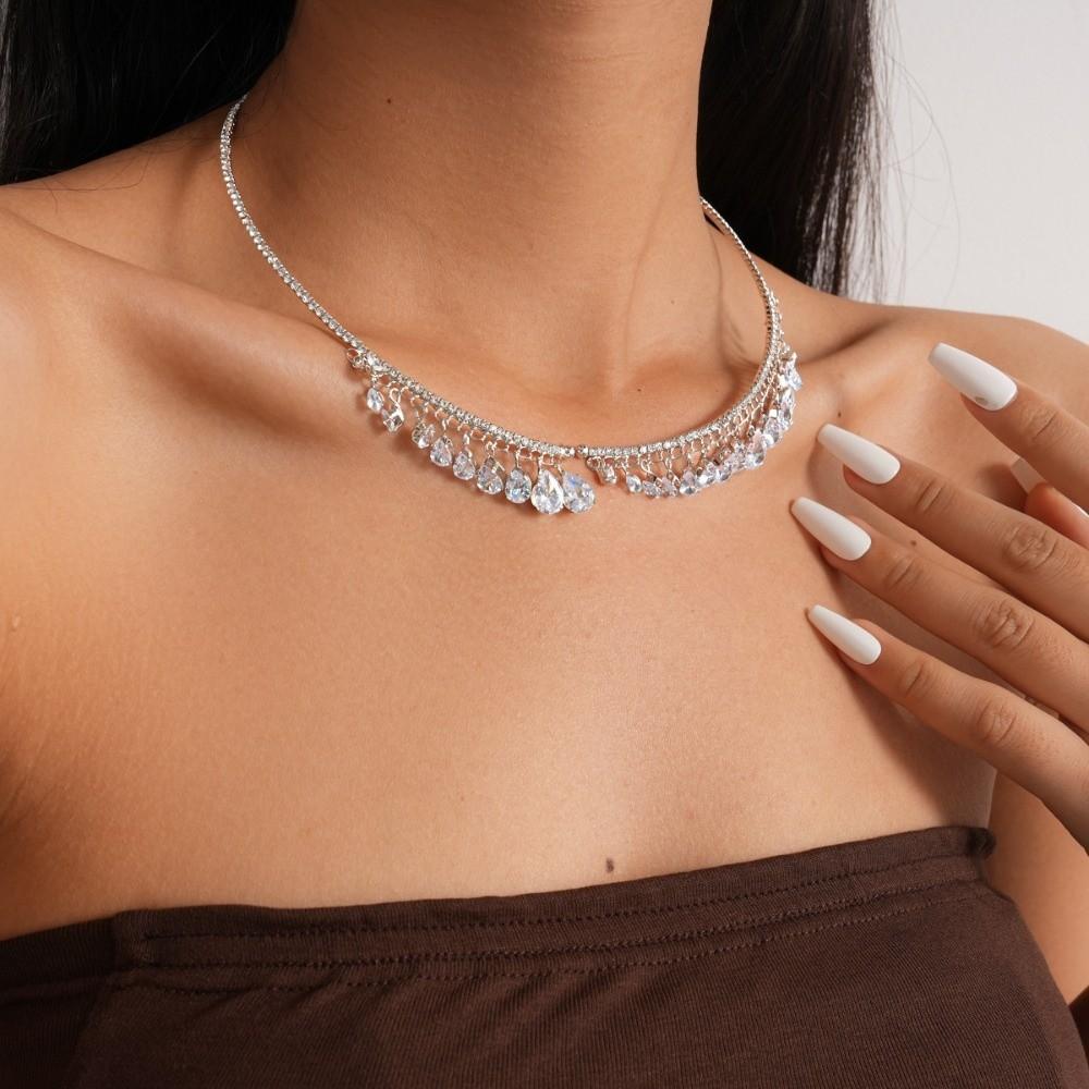 Shining Bridal Tassel Necklaces Crystal Neck Chain Choker Water Drop Rhinestone Jewelry Women