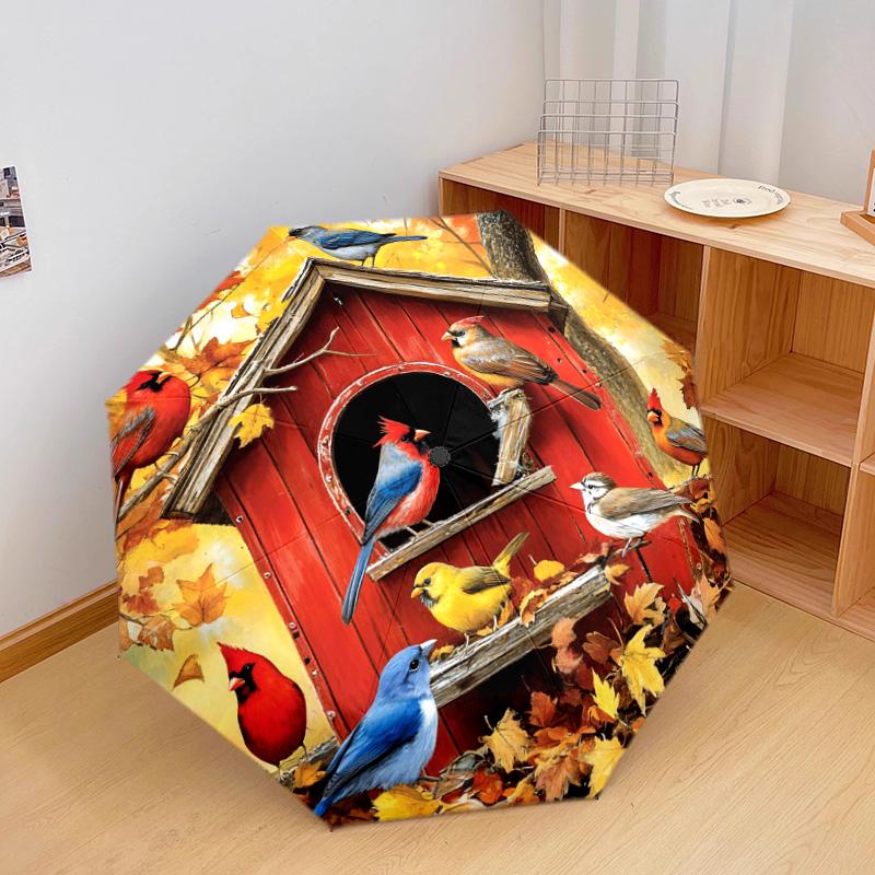 1 PC Automatic Folding Umbrella - Autumn Birdhouse Birds Pattern, Portable & Foldable Design with 8 Ribs, Christmas Birthday Gifts