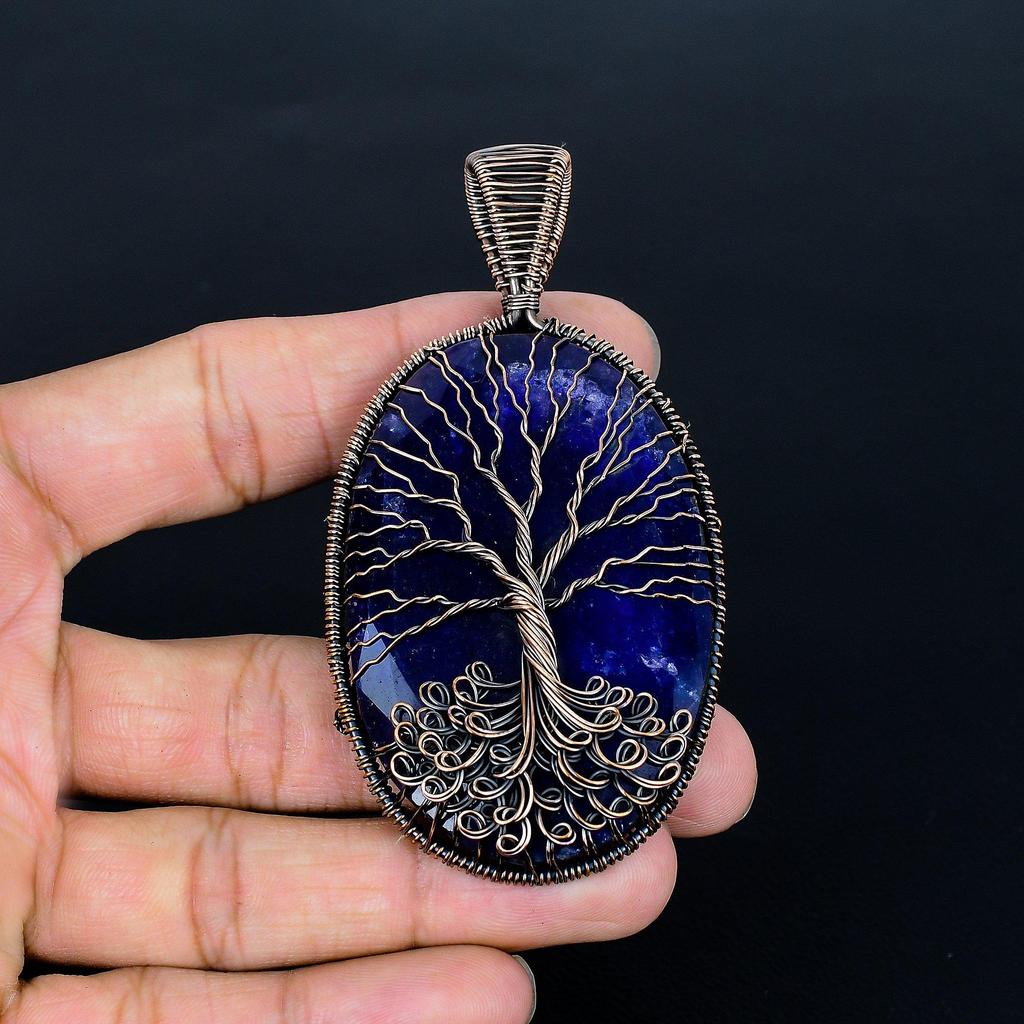 Tree Of Life Blue Sapphire Pendant, 999 Copper Wire Wrap Pendant Gemstone Jewelry, Handmade Pendant Amazing Jewelry, Gift For Her