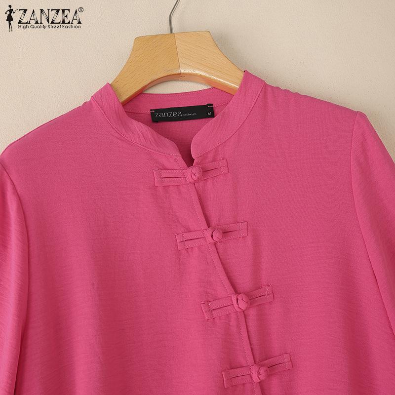 ZANZEA Women Casual Stand Collar Solid Color Loose 3/4 Sleeve Blouse