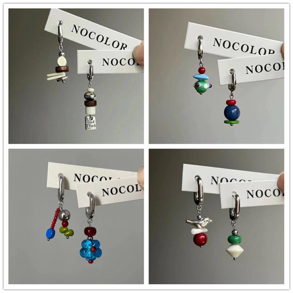 New Chinese-style Creative Geometric Beaded Little Bird Pendant Asymmetry Hoop Earring for Women Retro Personality Jewelry Gifts