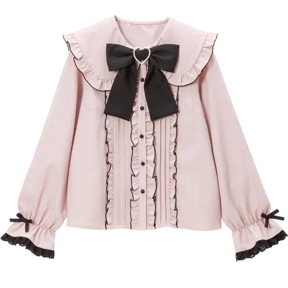 European Cute Japanese Bow Ruffle Long Sleeve Women's Shirt