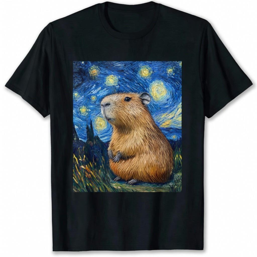 Capybara Starry Night Aesthetic Animal Art Graphic Tee Shirt M